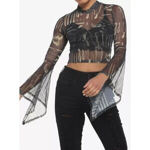 Social Collision Women Mesh Top Goth Medical Skull M Black Bell Sleeve Mock Neck